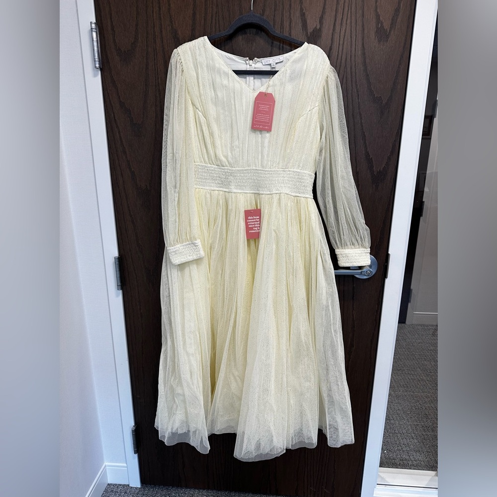 Gold tulle long sleeve midi dress